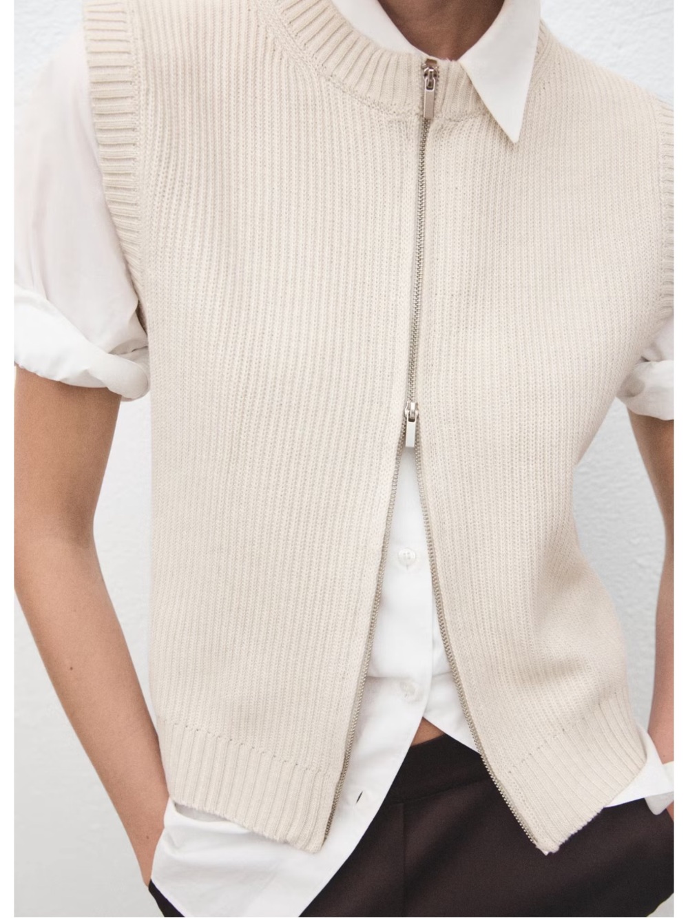 Mango Cream Zippered Knit Sleeveless Sweater